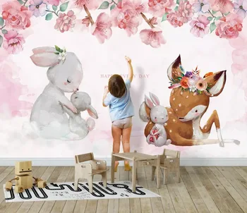 Bacal papel de parede 3D Özel modern karikatür moda duvar kağıdı Nordic Geyik anne çocuk tavşan pembe kağıtları ev dekor