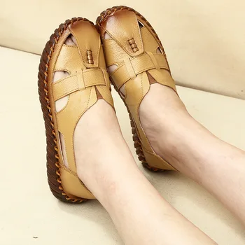 Kadın Flats Sandalet Yaz Hakiki Deri El Yapımı Bayan Ayakkabıları Yuvarlak Ayak Yumuşak Jöle Sandalet Retro anne ayakkabısı Büyük boy 35-43
