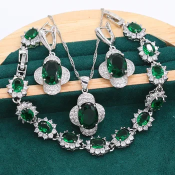 Kişiselleştirilmiş Yeşil Zirkon 925 Ayar Gümüş Takı Setleri Kadınlar Için Bilezik Küpe Düğün Kolye Kolye Ücretsiz Kutu 3 ADET