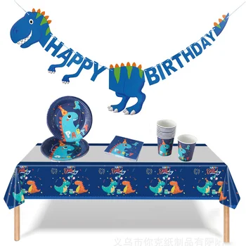 Dinozor Doğum Günü Dekorasyon Çocuk Dino Mutlu Doğum Günü Afiş kağıt çelenk Masa Örtüsü Tek Kullanımlık Yemek Tabağı Çocuklar İyilik
